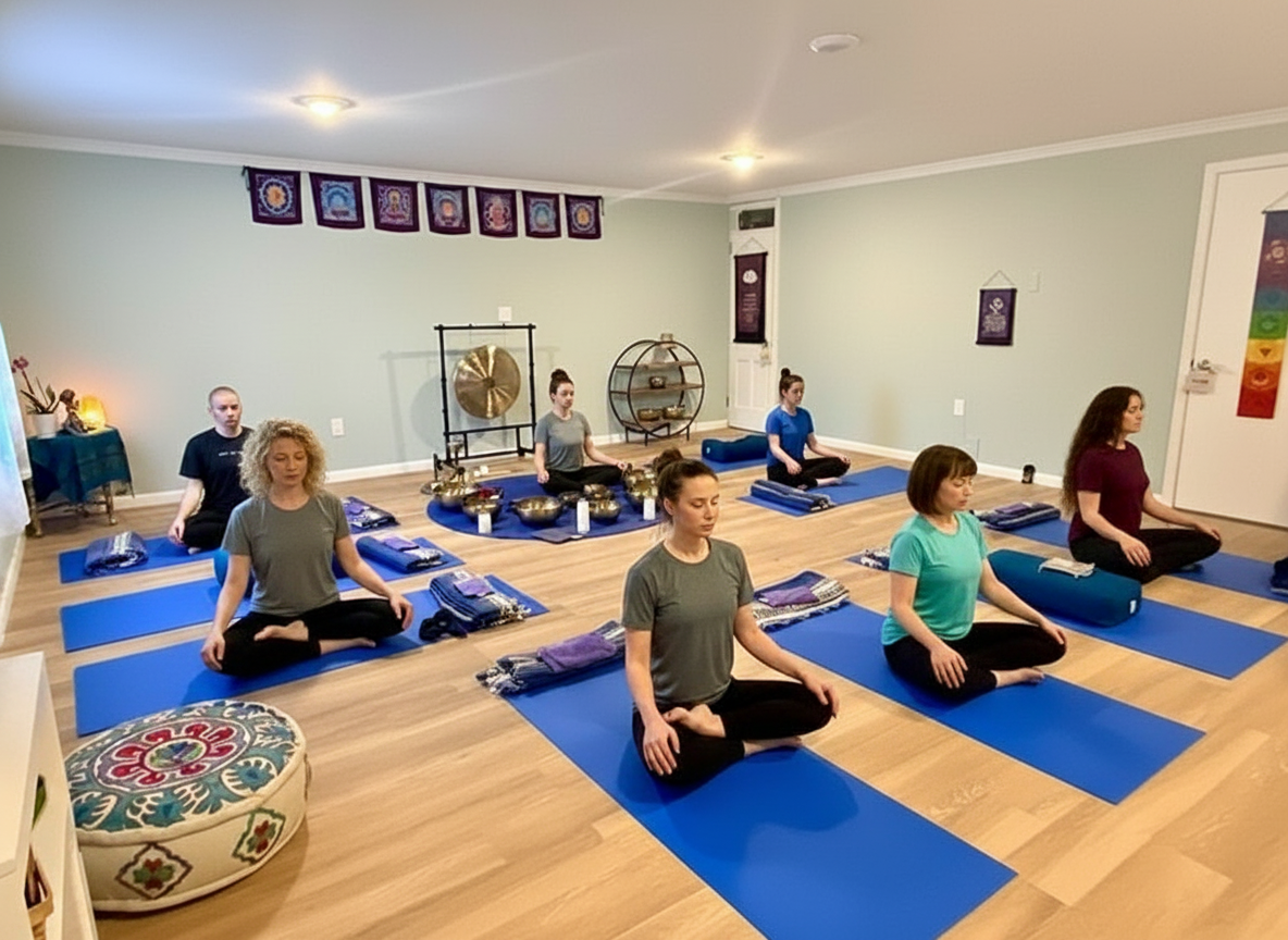 Group yoga class meditating on blue mats in a serene studio with sound healing instruments.