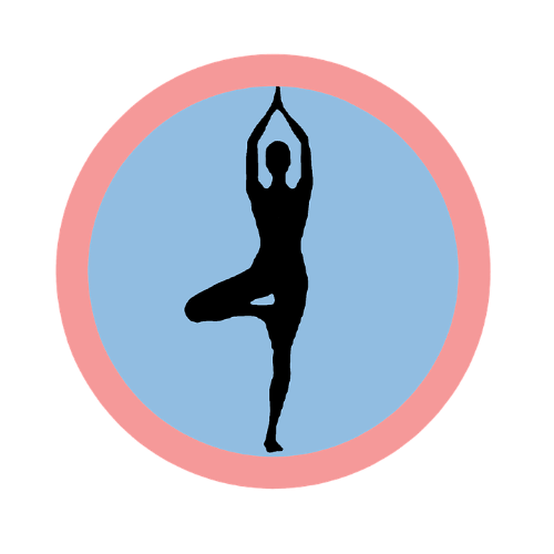 Yoga pose silhouette in tree position on a blue circle with pink border.