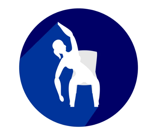 Yoga pose icon showing person doing seated side stretch on chair, blue circle background