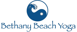 Logo of Bethany Beach Yoga with a blue wave design and text.