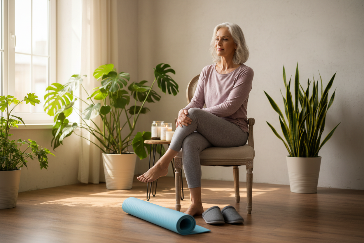 Older woman doing chair yoga at home, with yoga mat and candles, surrounded by plants