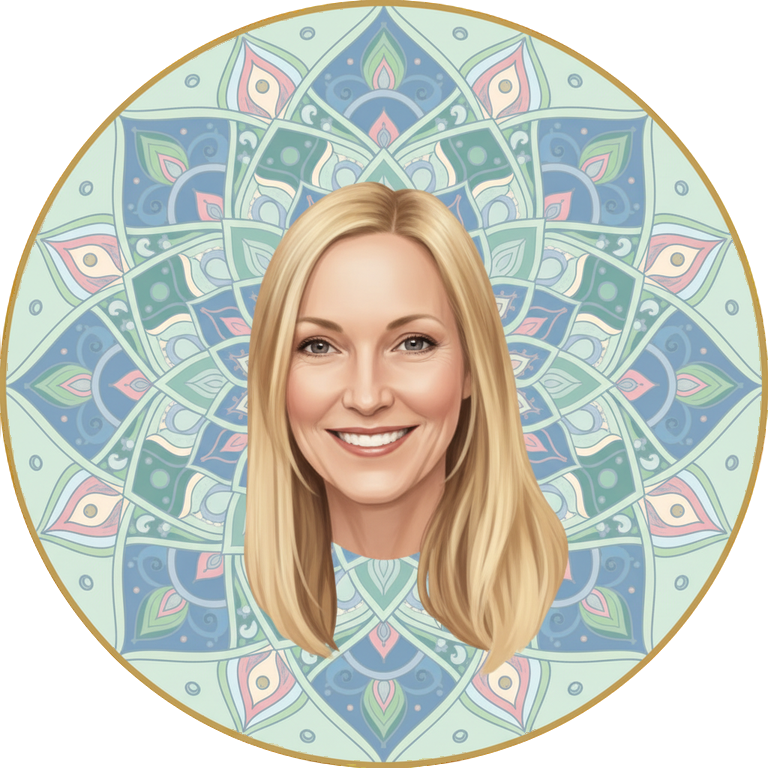 Smiling blonde woman with mandala background, yoga and wellness theme