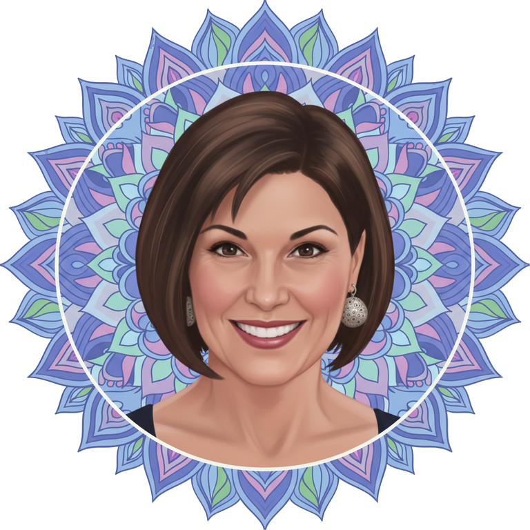 Smiling woman with short brown hair in front of blue mandala, yoga and wellness theme