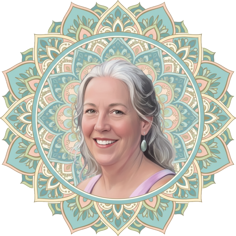 Smiling woman with gray hair and earrings, set against a colorful mandala yoga backdrop