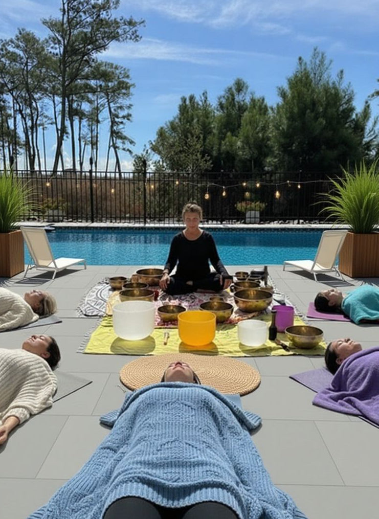 Outdoor group sound healing session by a pool with yoga mats and singing bowls