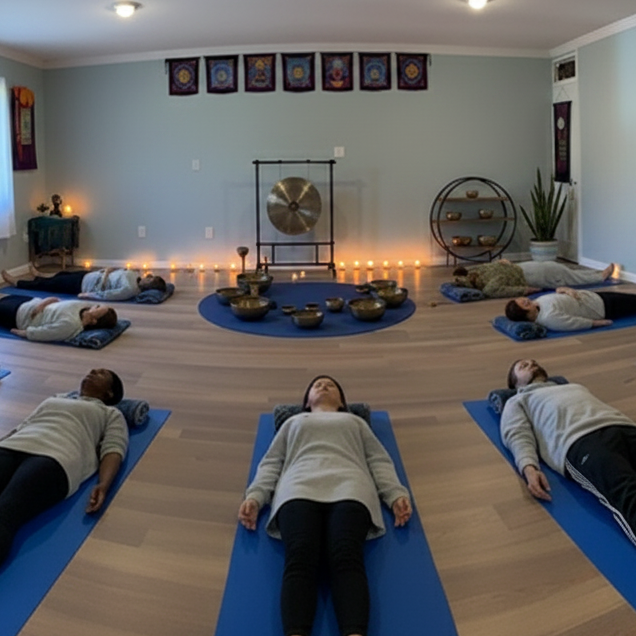 Group sound healing meditation session with singing bowls, relaxing on yoga mats in a studio.