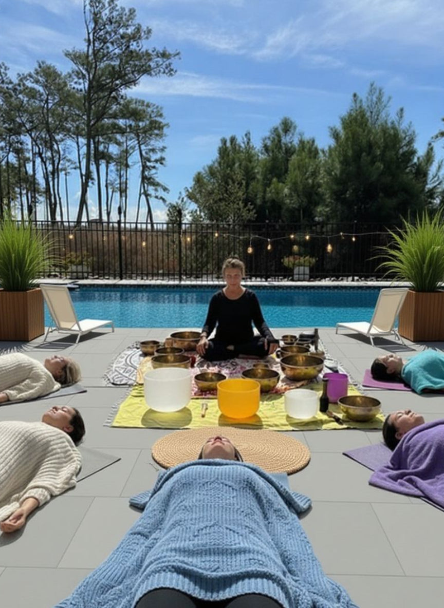 Outdoor sound healing yoga session by a pool with people lying on mats and singing bowls.